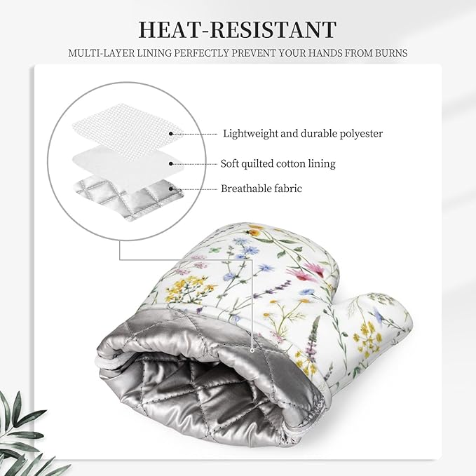 Wildflower Herbs Silicone Oven Mitts and Pot Holders Sets Plant Floral Retro Rustic Flower Blossom Farm Leaves Botanical Kitchen Mitts Potholder Kitchen Accessories for Cooking Baking BBQ