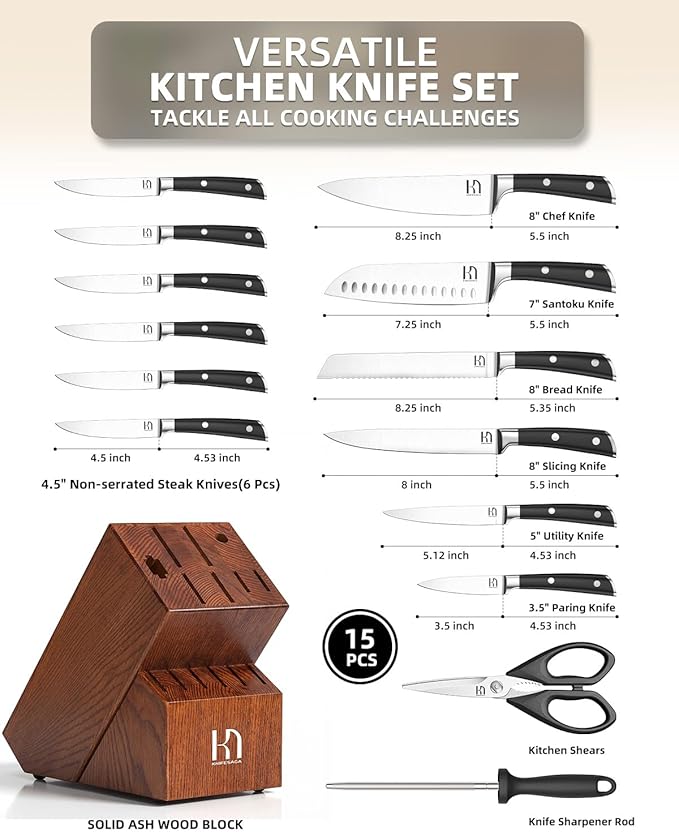 Knife Set, 15 Pcs Kitchen Knife Block Set, Enduring Razor-Sharp Japanese High Carbon Stainless Steel Chef Knife Set with Block and Sharpener, Premium Knives Set for Kitchen, Brown Ash Wood