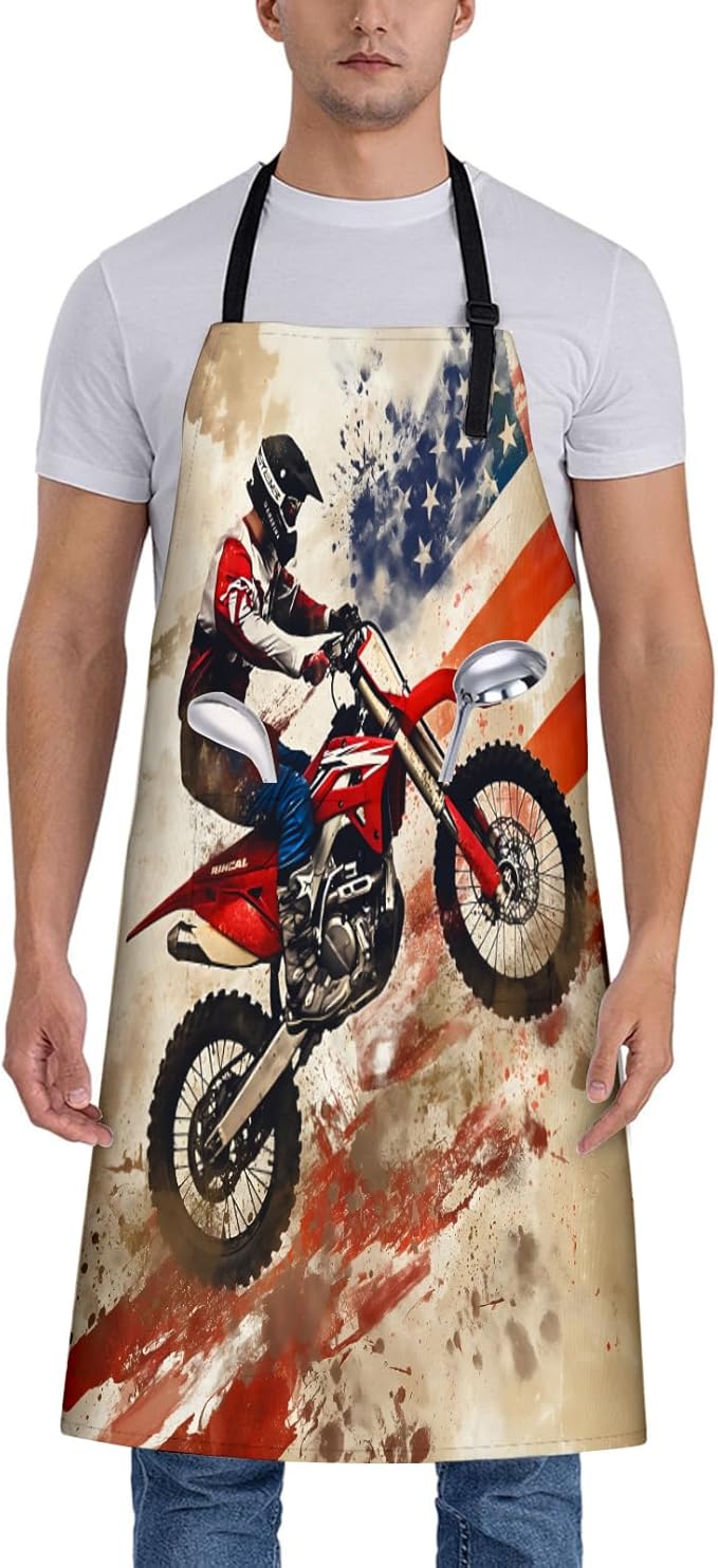 Dirt Bike Apron for Women, 28x33in, Kitchen Chef Aprons with 2 Pockets, Polyester, Motocross American Flag Apron for Cooking BBQ Baking Gardening Chef, Gifts for Mom Wife Dad