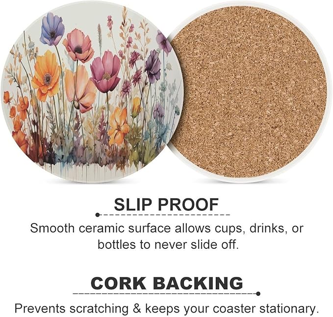 Floral Drink Coasters, Round Ceramic Drink Coaster Round-4PCS, Watercolour Abstract Floral Beautiful Florets Design Decor Absorbent Ceramic Coasters for Beverage Cup, Bar, Coffee Table