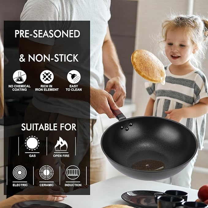 Teewe Carbon Steel Wok Pan - 13" Wok Pan with Lid, Woks & Stir-Fry Pans Nonstick with Spatula & Brush, Chinese Wok Flat Bottom Wok for Induction, Electric, Gas, All Stoves