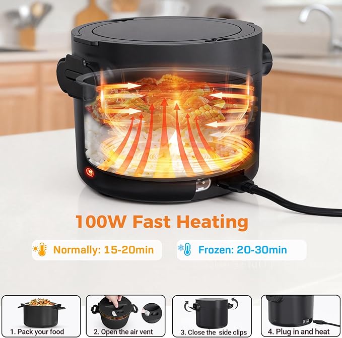 Electric Lunch Box, 33OZ Portable Food Warmer | 100W Rapid Heating & Leak-Proof 304 Stainless Steel | 3-in-1(Car 12V/24V & Home 110V) | Perfect for Work/Travel,On-the-Go,Ideal Gift for Men & Women