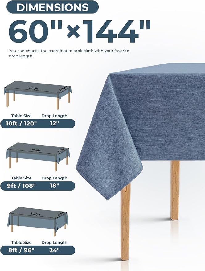 Faux Linen Farmhouse Table Cloth 60"x144" for 10 ft Rectangle Table, Denim Blue Waterproof Outdoor Washable Tablecloth for Rectangular Dining Room Kitchen Outdoor Party Restaurant Table
