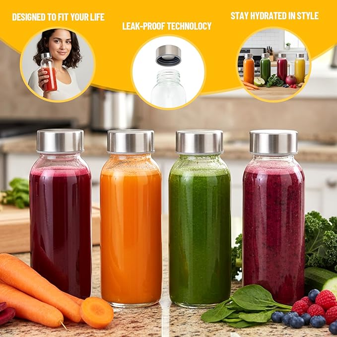 10 oz Clear Glass Bottle with Lid, Reusable Glass Water Bottles with Stainless Steel Cap & Straws for Juicing, Milk, Ginger & Smoothies, Refrigerator, Leak-Proof, Juice Containers Set of 10