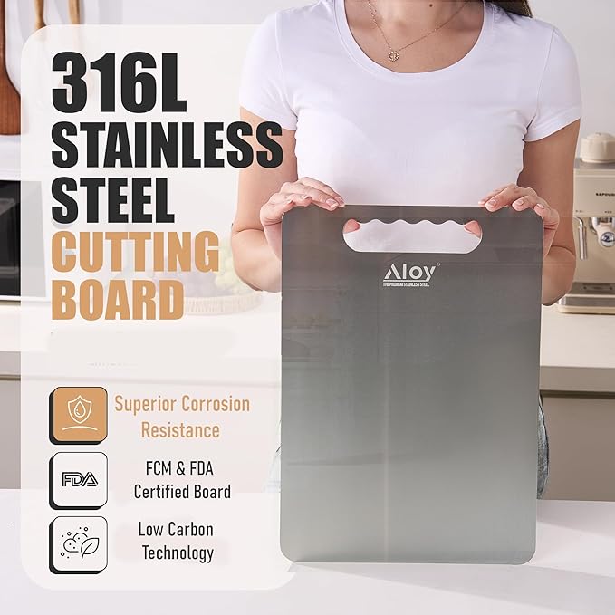 100% The Premium SUS 316 L Stainless Steel Cutting Board Set, 2 PCS + Non-Slip Mat, Double Sided Food Grade SUS 316L Cutting Boards for chopping Meat.., Hygiene Durable Dishwasher Safe Chopping Board