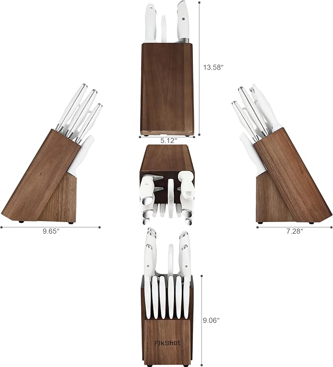 Knife Set with Sharpener, Fikshot 14-Piece Knife Set with Block, Elegant White Kitchen Knives for Ladies, Stainless Steel, Dishwasher Safe (WHITE)