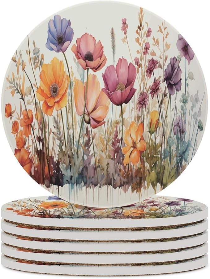 Round-6PCS Floral Drink Coasters, Round Modern Ceramic Absorbent Coasters, Watercolour Abstract Floral Beautiful Florets Design Decor Desk Coffee Table Coaster for Beverage Cup Tea Coasters