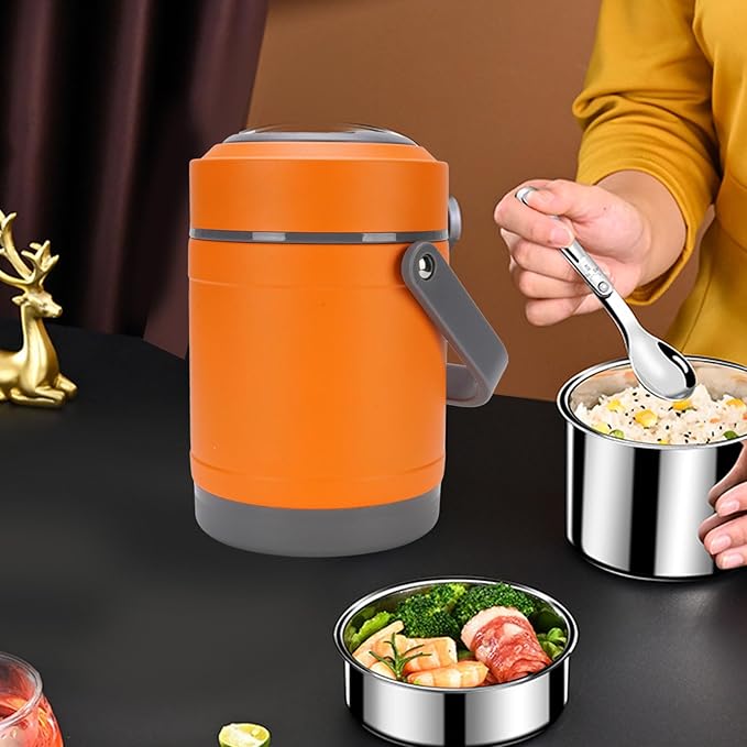 AYNEFY Electric Lunch Box,2L Stainless Steel Portable Electric Food Warmer Bucket Thermal Heat Preservation Pot Thermal Lunch Container for Travel Dorm Office Work (Orange)