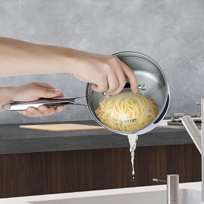 Tri-Ply Whole-Clad Stainless Steel Saucepan with Steamer,2.5 Qt Small Multipurpose Pot with Pour Spout,Strainer Glass Lid, 2 Quart Sauce Pan for Cooking with Stay-cool Handle.