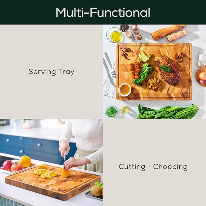 EZ FURNITURE Large (L) Teak Herringbone Wood Premium Cutting & Serving Board, Knife Friendly, Juice Groove & Handles, Pre-Oiled with Food-Grade Mineral Oil, Non-Toxic (20" x 15" x 1.15", 8.16 lbs)