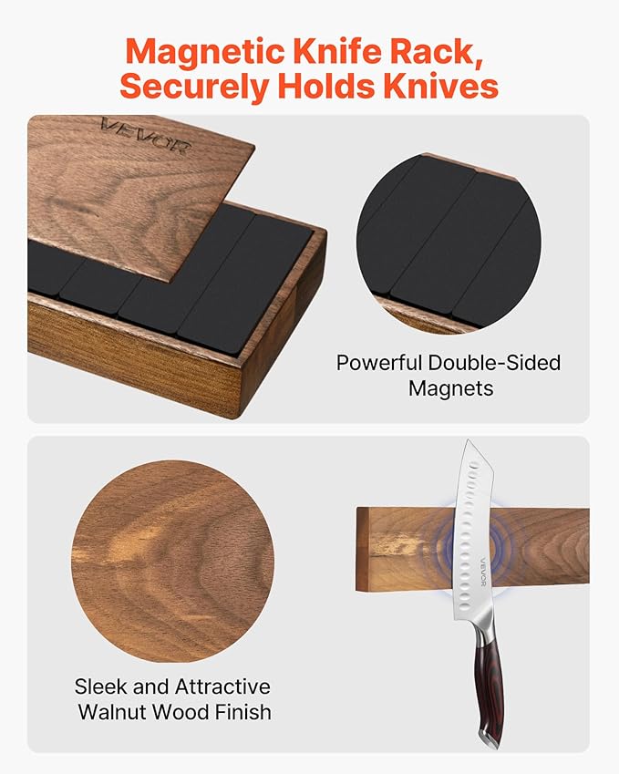 VEVOR Kitchen Knife Set, 6 Piece High Carbon Stainless Steel Sharp Knife Set, Professional Kitchen Cutlery with Ergonomic Crack-Resistant Handle, and Walnut Finish Powerful Magnetic Knives Holder