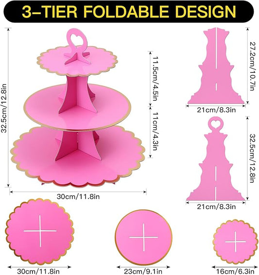 Soleebee 3-Tier Cupcake Stand, Cardboard Cupcake Tower, Cup Cake Stand Tower for Birthday Wedding Party Decoration, Cupcake Tier Stand Fruit Desserts Display 1 Set (Hot Pink Gold)