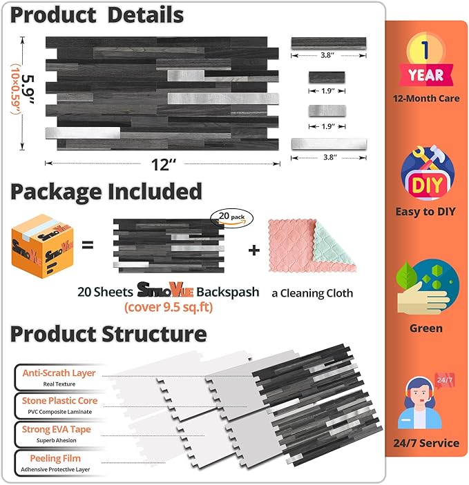 20 Sheets Peel and Stick Tile Backsplash, Black with Metal Gold Look Stick on Tile Upgrade Your Kitchen Backsplash, RV, Fireplace
