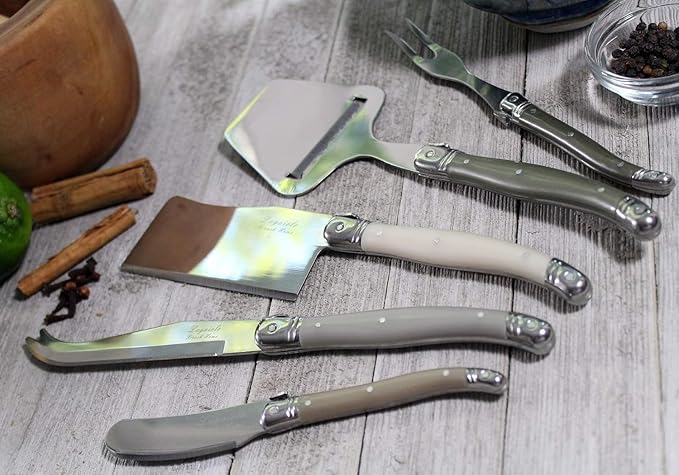French Home 5-Piece Laguiole Cheese Knives Set with Fork and Slicer – Versatile Charcuterie Board Accessories with Three-Rivet Mist-Colored Handles & Iconic Bee Emblem