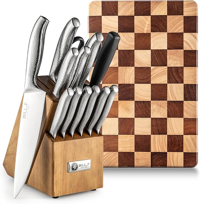 Knife Block with Kitchen Knives Set 14 Pieces and Wood Cutting Chopping Board Stainless Steel Knife for Kitchen Home Essentials Chef Knife Set, Anti-slip handle, Steak Knives Set of 6 ﻿