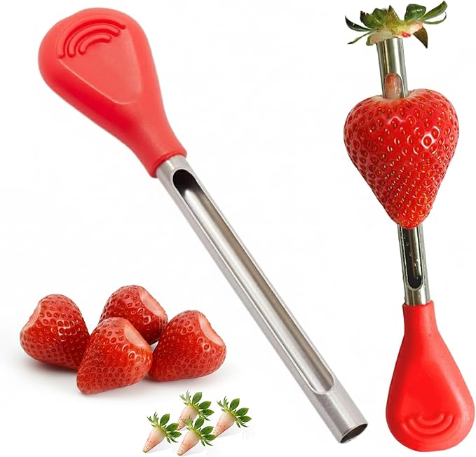 Iconikal 2-Pack Strawberry Huller and Pitter, Stainless Steel Core Remover, 5-inch, Red Handle