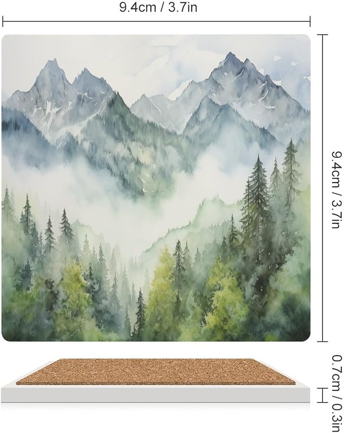 Square-4PCS Forest Drink Coasters, Square Modern Ceramic Absorbent Coasters, Watercolor Style Nature Woodland Green Forest Mountain Plant Decor Desk Coffee Table Coaster for Beverage Cup Tea Coasters