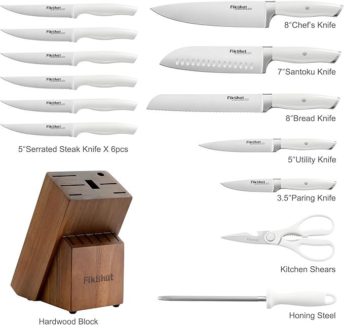 Knife Set with Sharpener, Fikshot 14-Piece Knife Set with Block, Elegant White Kitchen Knives for Ladies, Stainless Steel, Dishwasher Safe (WHITE)