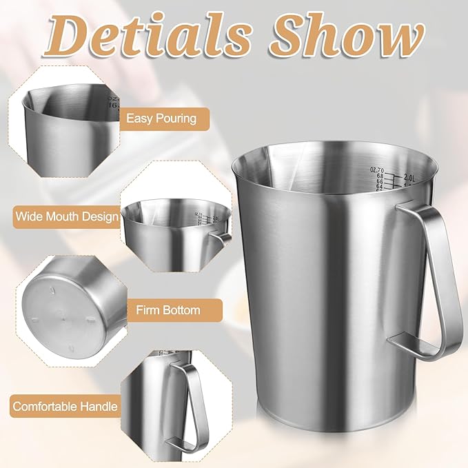 3 Pieces Stainless Steel Measuring Cups Metal Pitcher with Oz and ML marking Measuring Cup with Handle and Pour Lip, 16 Ounce (2 Cups), 32 Ounces (4 Cup), 64 Ounces (8 Cup)