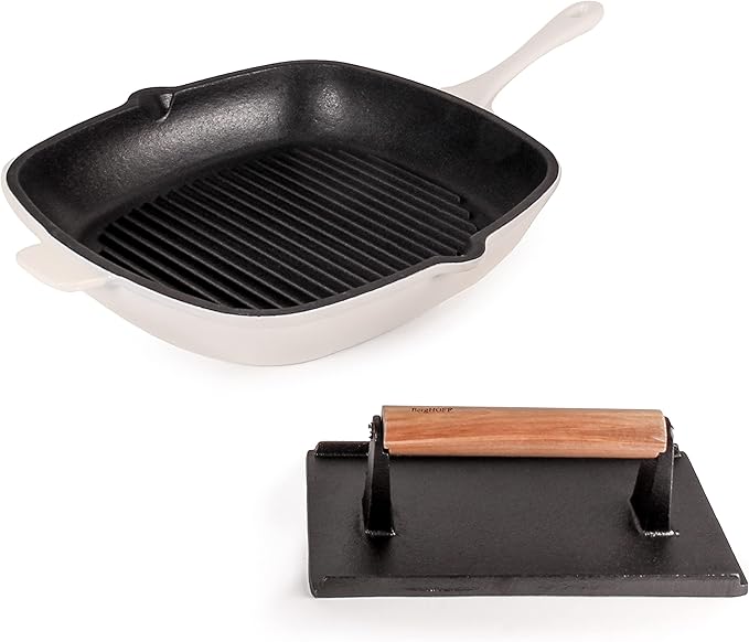 Berghoff Neo 2Pc Enameled Cast Iron Grill Set, Grill Pan 11 inches, Bacon/Steak Press 8 inches, Fast, Evenly Heat, Oven safe (Meringue)