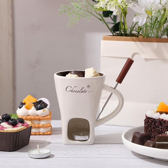 Honeydak 2 Set Chocolate Fondue Mug with Fork and Candle Sweet Ceramic Personal Chocolate Melting Cup Ideal Gifts for Birthday Date Night Birthday Wedding Gifts (White)