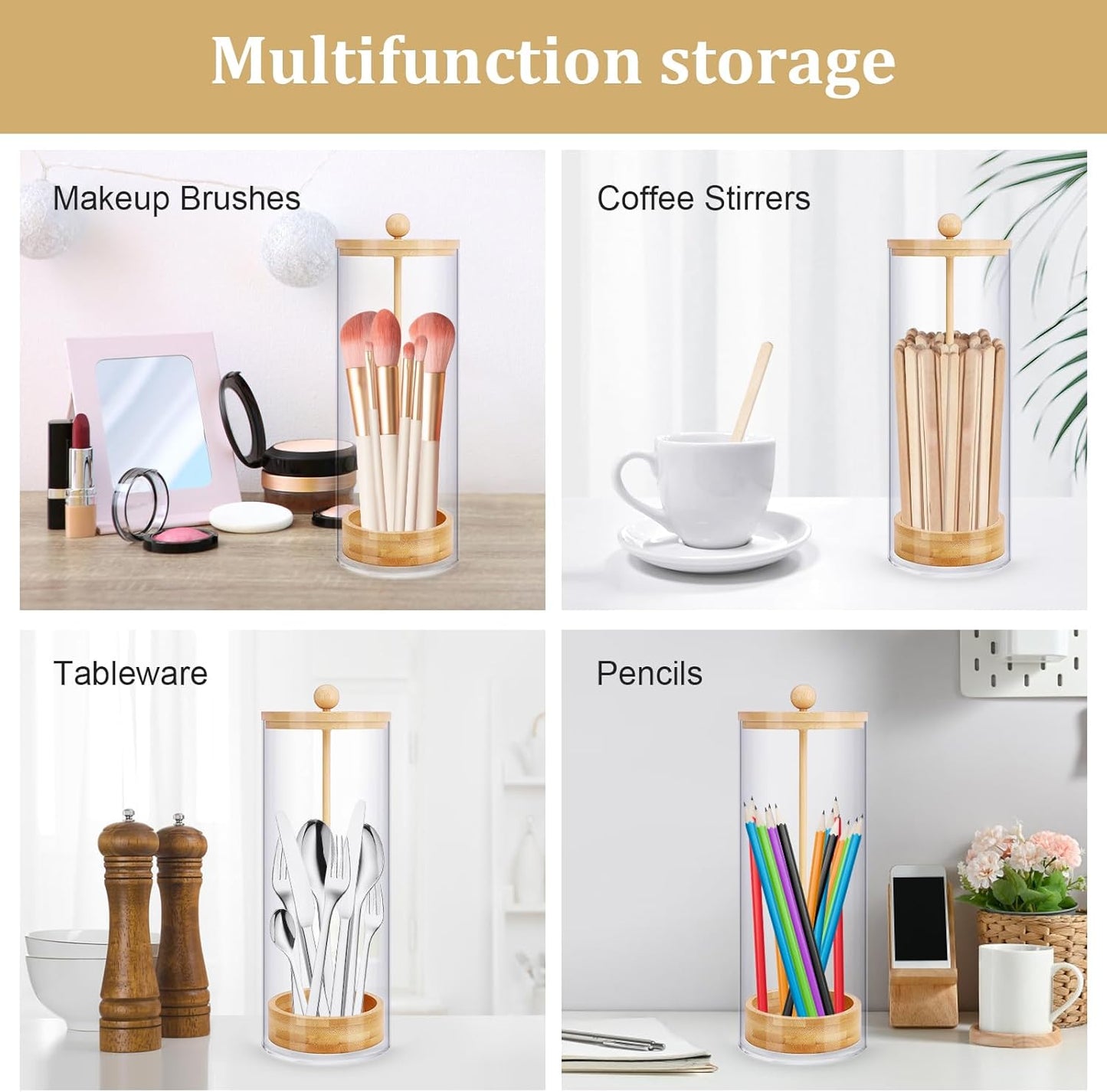 JYPS 10-Inch Acrylic Straw Dispenser with Bamboo Lid with 100 Colorful Straws, Transparent Counter Container Countertop Organizer for Kitchen, Office,Cabinet Storage, Holds Pencils, Cutlery
