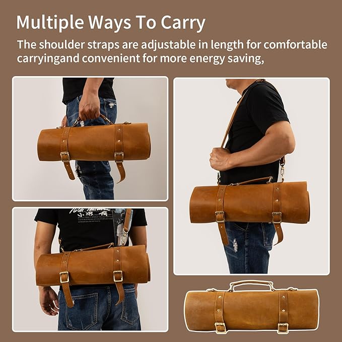 Genuine Leather Knife Roll, Knife Bags for Chefs Professional, Small Chef'S Knife Case Holder, Knives Holders Protectors with 7 Slots, Portable Chef Knife Roll Chef Knife Bag (12 Slots brown)