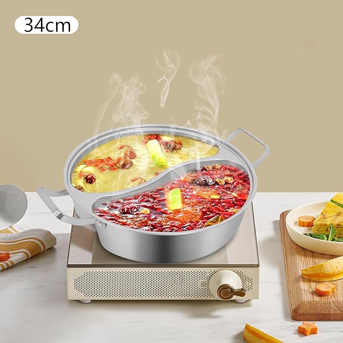 Double-flavor Hot Pot, Stainless Steel Soup Cookware with Divider & Clear Lid, for Induction Cooktop, Gas Stove & Hot Burner Shabu Pot with Cooking Pot for Family Gathering Home Camping Party (12.8in)