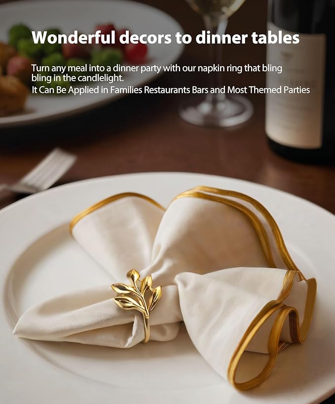 Leaf Napkin Ring Holder Set of 12 Gold Color Dining Table Décor for Wedding Party Dinner Banquet (Gold 12pcs)