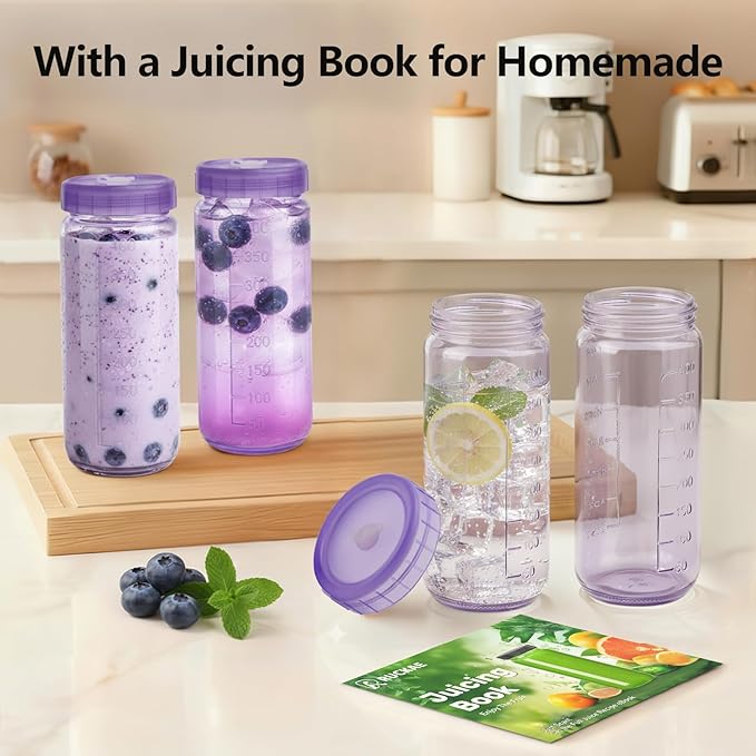 Ruckae 16oz 10 Pack Glass Juice Bottles with Dual Scale, Reusable Glass Bottles with Hole Lids and Straws Mason Jar for Juicing, Smoothies, Kombucha - Water Bottle for Fridge or Gym (Purple)