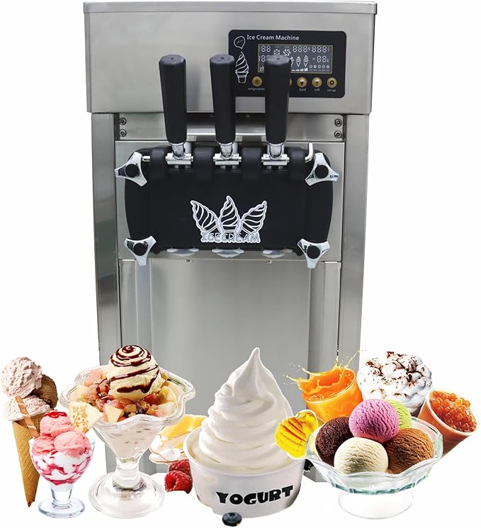 3 Flavors Commercial Soft Serve Ice Cream Machine 110V 1200W Stainless Steel Ice Cream Makers Countertop 16-18L/H with LED Panel for Supermarket Restaurants Bars