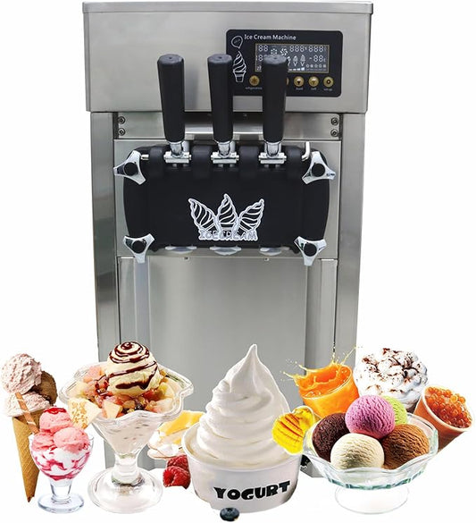 3 Flavors Commercial Soft Serve Ice Cream Machine 110V 1200W Stainless Steel Ice Cream Makers Countertop 16-18L/H with LED Panel for Supermarket Restaurants Bars