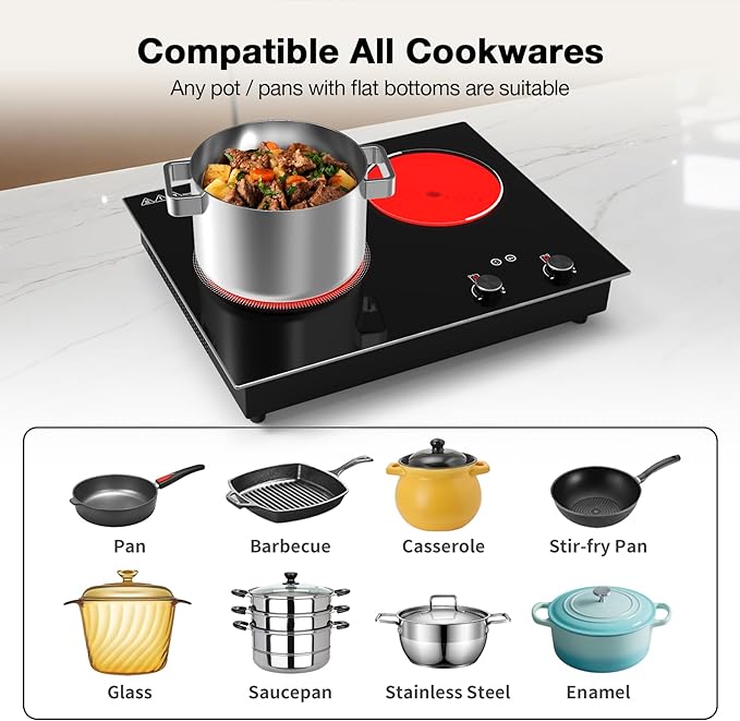 VBGK Electric Cooktop,2100W Built-in & Countertop 2 Burner Electric Cooktop,Electric Stove Top with10 Heating Level, Timer & Kid Safety Lock, LED Knob Touch Control Electric Burner with Plug