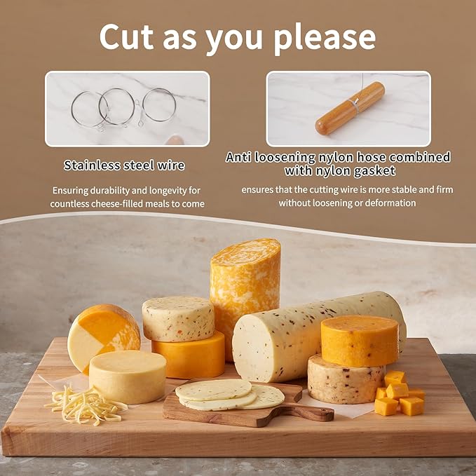 Stainless Steel Cheese Slicer Wire 44"Long-For Soft and Hard Cheese (2 Beech wood handles + 3 Cutting Replacement Wires 44")