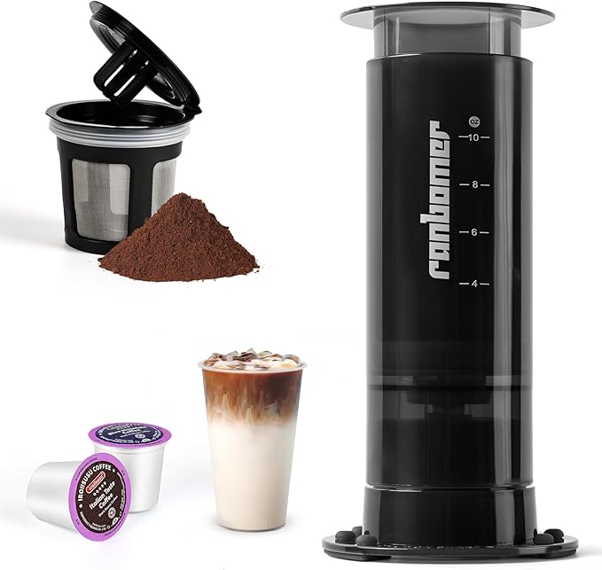 Ranbomer French Press Coffee Maker, 2-in-1 Single Serve K Cup Compatible, Portable Coffee Machine for Ground Coffee, Black, 10 Oz Capacity, for Camping, Travel
