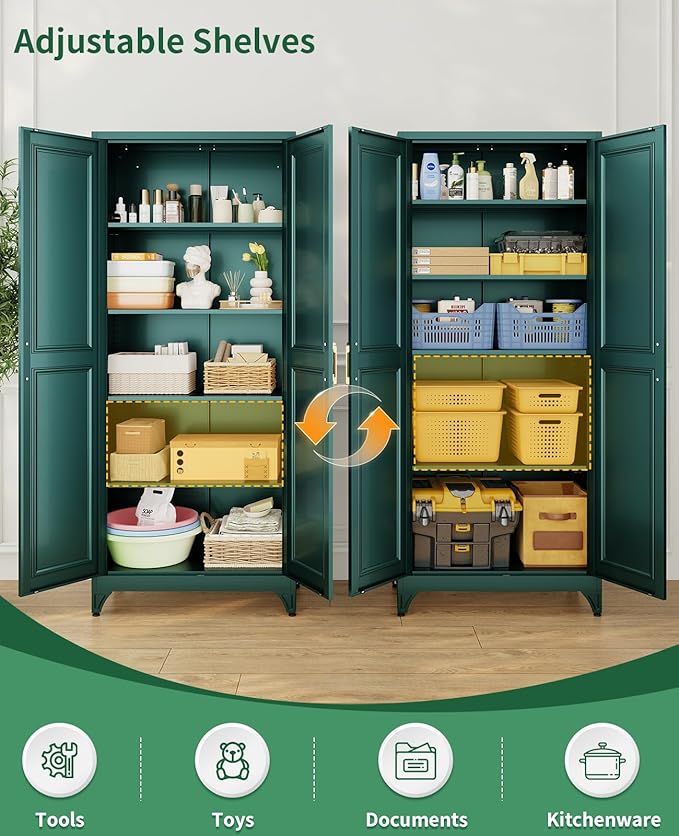 Metal Storage Cabinet with 2 Magnetic Doors and 4 Adjustable Shelves, 74.8" Tall Pantry Garage Cabinets, Modern Tool Storage Cabinet for Home Office, Kitchen, Living Room