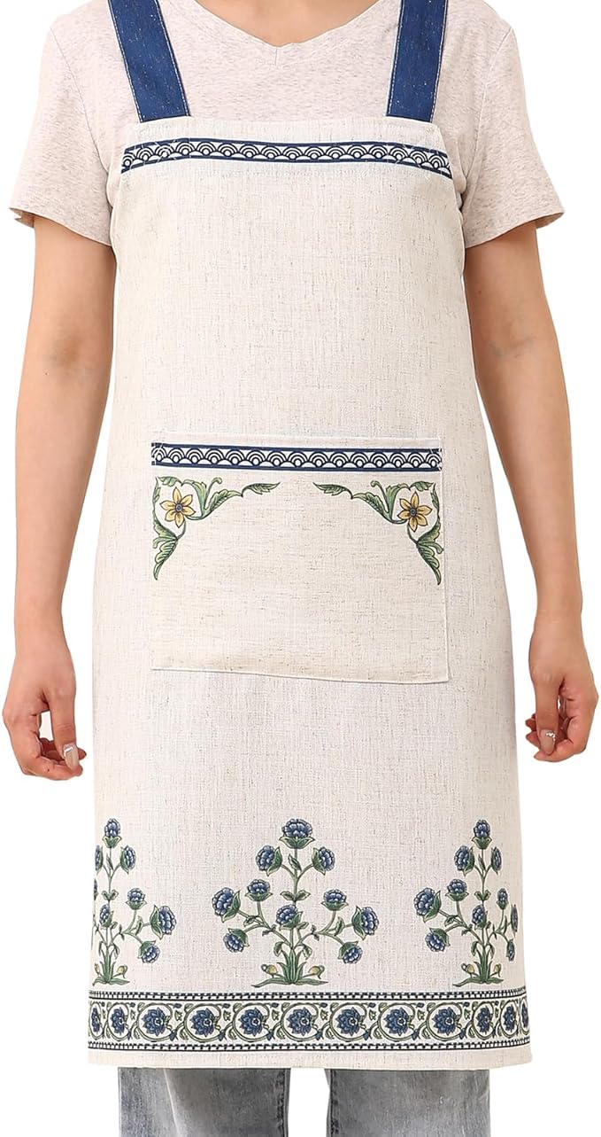 patdrea Blue Floral Linen Apron with Pocket,French Kitchen Garden Chef BBQ Aprons for Women and Men,Crisscross Back Straps