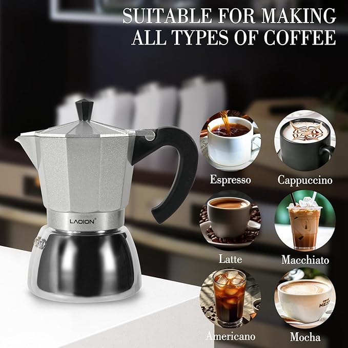LAOION Stovetop Espresso Maker, 6Cup Moka Pot, Espresso Machine Compatible with Induction Cooktops, 300ml Stainless Steel & Aluminum Cuban Coffee Maker for Cafetera Cubana, Silver