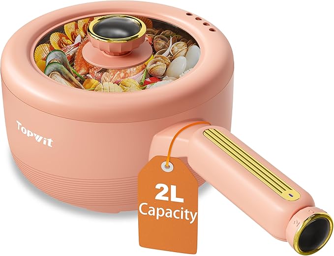 TOPWIT Hot Pot Electric, 𝟐𝐋 Electric Pot, Portable Non-Stick Portable Cooker, Sauté Pan for Steak, Egg, Fried Rice, Ramen, Soup with Dual Power Control (Silicone Spatula Included), Peach