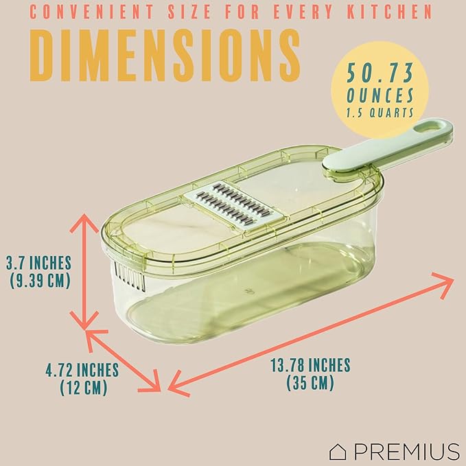 6-In-1 Mandoline Slicer with Storage Bin & Handle By PREMIUS, Plastic Container Bin With Stainless Steel Blades, Includes: 6 Blades, Waffle Cut, Julienne, Slices, Safety Grip, Green-Clear, 1.5 Quarts