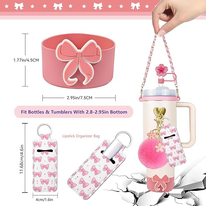 Accessories Set Including Water Bottle Handle Strap, Silicone Boot, Resin Butterfly Straw Cover, Straw Topper, Lip Balm Sleeve, Butterfly & Hairball Charms for Stanley Cup Tumbler