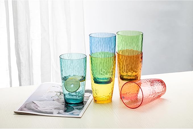 Hammered Acrylic Drinking Glasses, 20 oz, Set of 6, Rainbow Colors