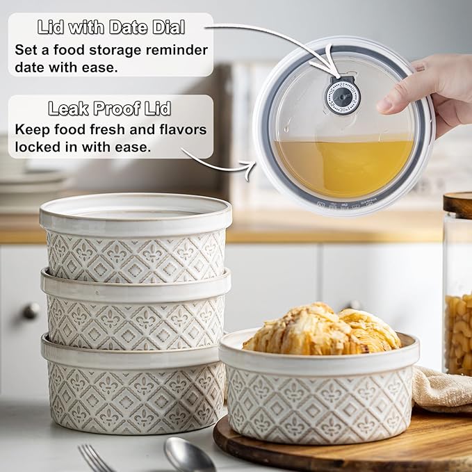 40 Oz Ceramic Airtight Bowls Set of 4 - Large Mixing Bowls with Lids Set for Salad, Pho, Soup, Pasta, Dessert, Serving, Oatmeal, Baking Dishes, Dishwasher & Microwave Safe, Beige