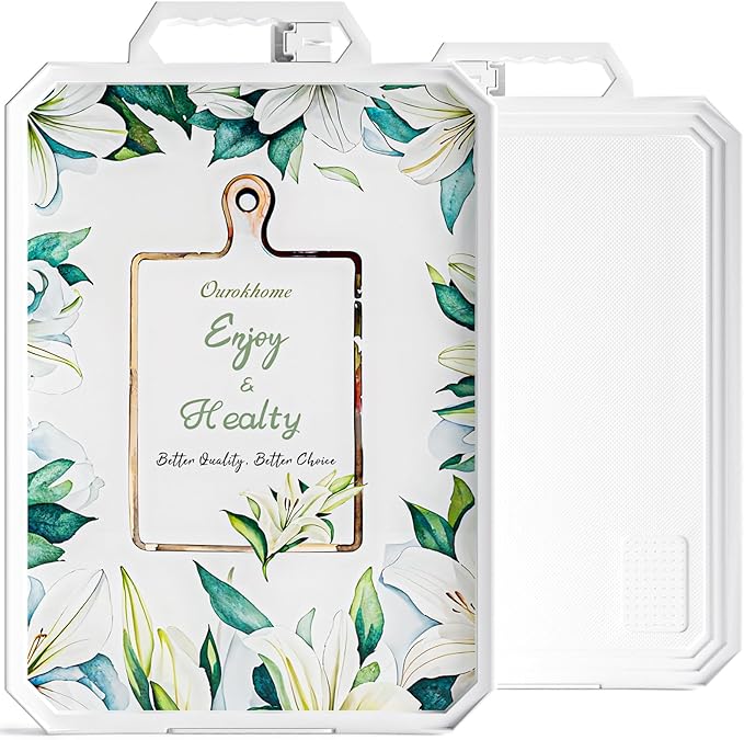 Ourokhome Cutting Board for Kitchen, Tempered Glass Cutting Board Double Sided Food Grade for Chopping Meat, Vegetables, Fruits, Cheese, Knife Friendly with Handles and Knife Sharpener, White