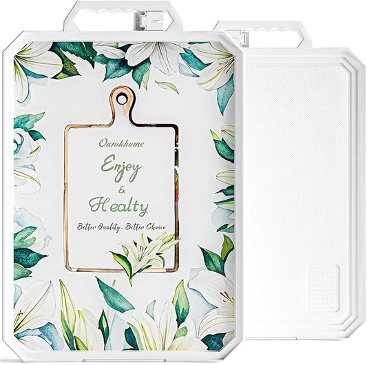 Ourokhome Cutting Board for Kitchen, Tempered Glass Cutting Board Double Sided Food Grade for Chopping Meat, Vegetables, Fruits, Cheese, Knife Friendly with Handles and Knife Sharpener, White