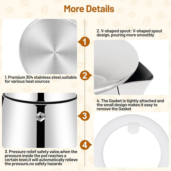 Vaolvpant No Coating 12 Cup Thickened 304 Stainless Steel Moka Pot Stovetop Espresso Maker Italian Coffee Machine 600ml 20.3oz Suitable for Gas Induction Stovetop Greca Coffee Maker Percolator