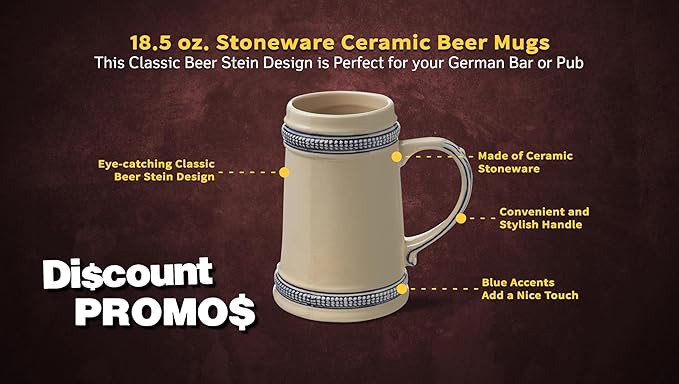 DISCOUNT PROMOS Ceramic German Beer Steins 18.5 oz. Set of 6, Bulk Pack - Restaurant Barware, Great for Oktoberfest, Wedding, Party, Birthday, Events - Blue