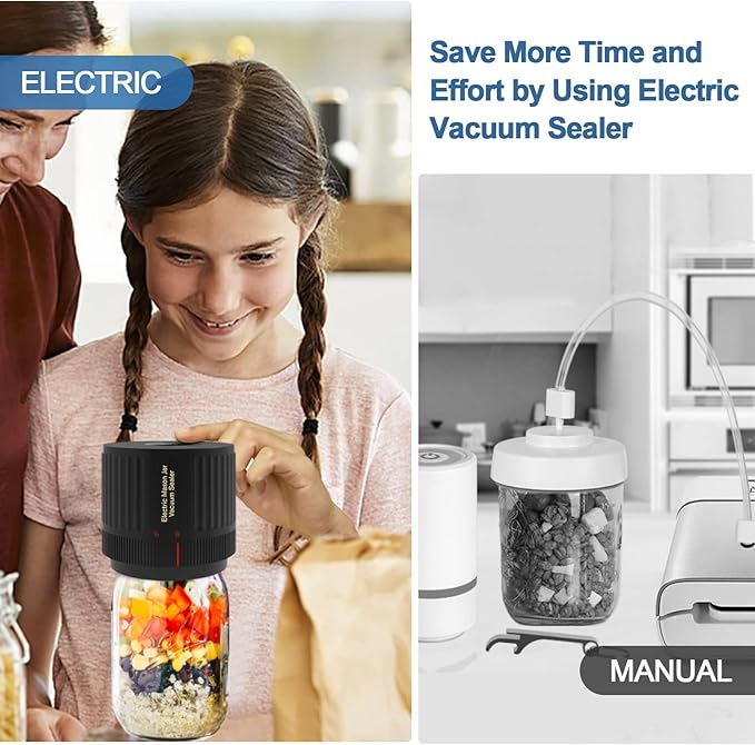 Electric Mason Cordless Vacuum Sealer Kit for Wide-Mouth & Regular-Mouth Mason Jars, for Food Storage and Fermentation, Black