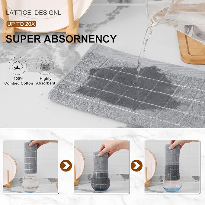 Mordimy 100% Cotton Terry Cloth Kitchen Towels, Super Soft and Absorbent Dish Towels for Drying, Checkered Designed Hand Towels for Kitchen, 16 x 26 Inches, 8 Pack, Light Grey