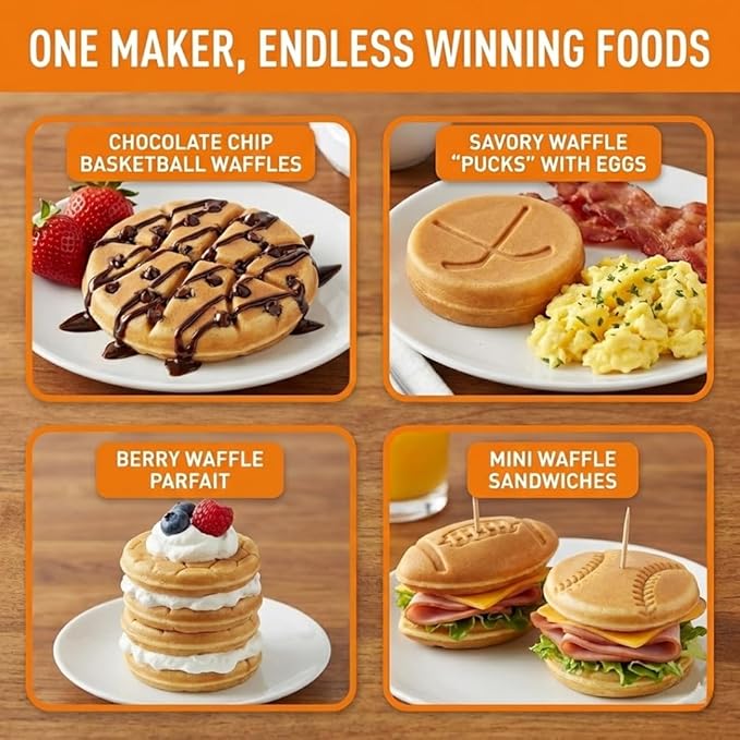 Sports Waffle Maker- Make Breakfast a Slam Dunk- Bakes 7 Themed Pancakes Including Football, Baseball, Basketball, Soccer, Tennis & More- Electric Nonstick Waffler with Recipe Guide- Kids Morning Fun